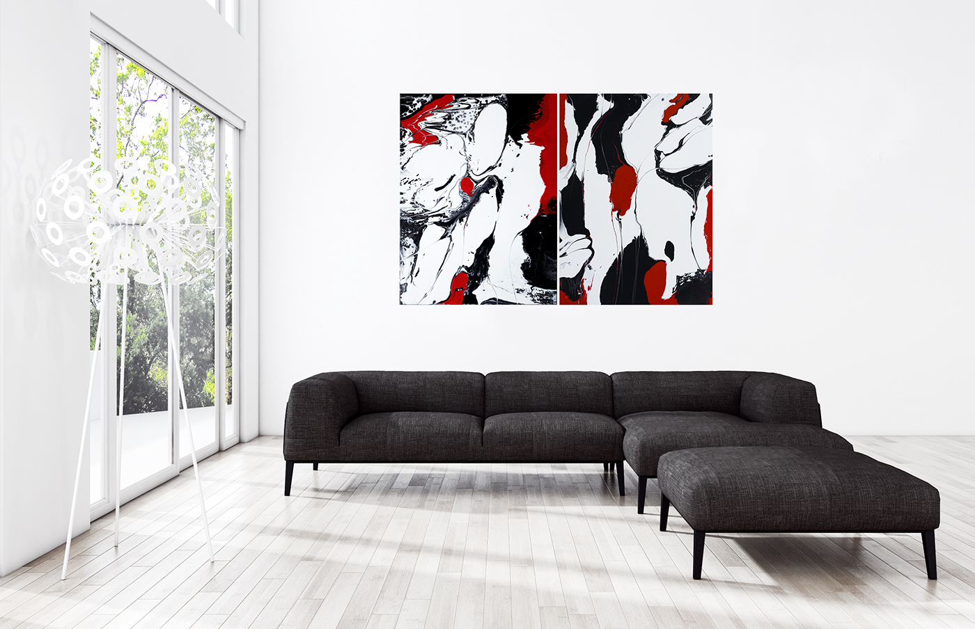 In Situ,Red Black on White 1 & 2, Luminious Series Diptych